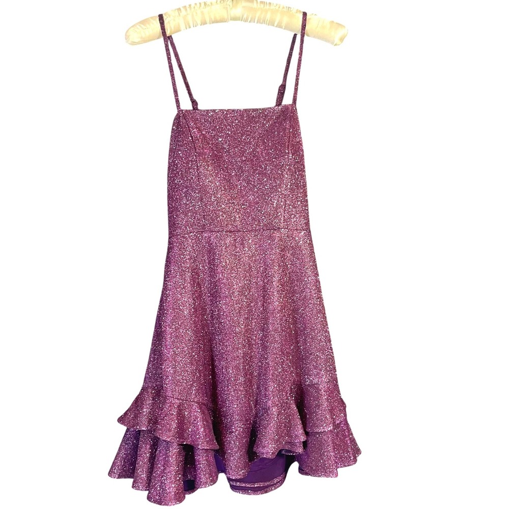 Dear Moon Glitter Ruffle Backless Bow Tie Homecoming Mini Dress JR 1‎ Purple Y2K